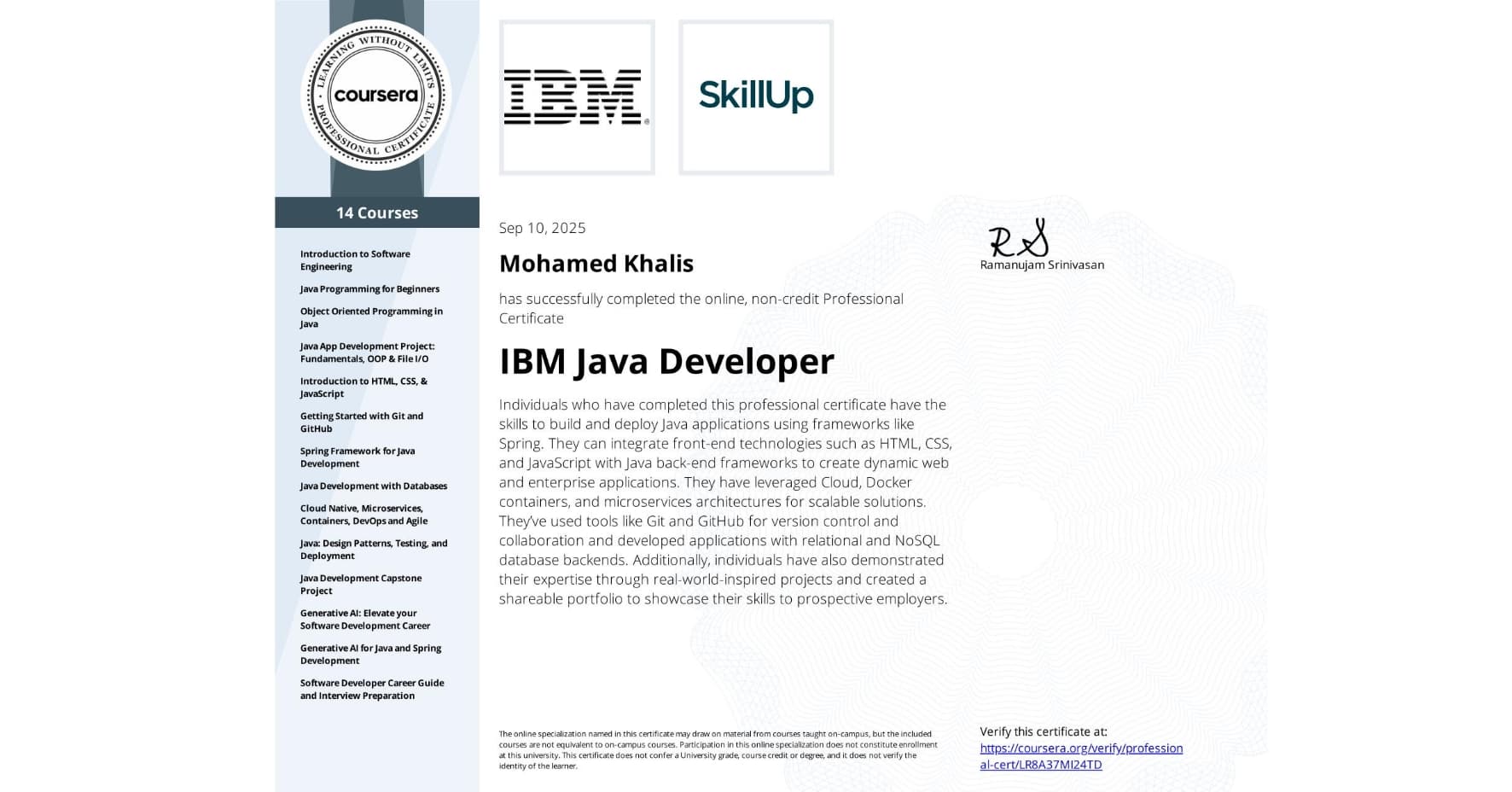 Certificate for IBM Java Developer Professional Certificate